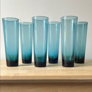 Crate & Barrel Set of Six Blue Stemless Flute Glasses